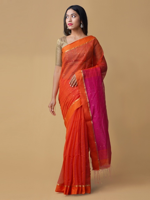 

Unnati Silks Orange Checked Maheshwari Saree
