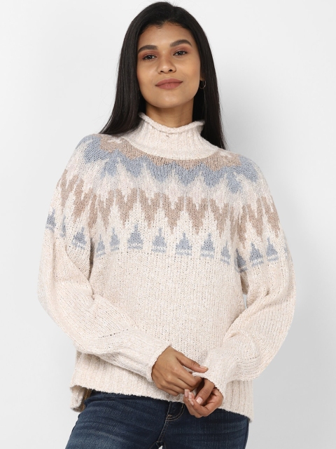 

AMERICAN EAGLE OUTFITTERS Women Cream-Coloured & Blue Printed Pullover Sweater