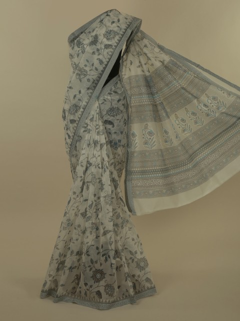 

Pothys Cream-Coloured & Green Supernet Printed Saree