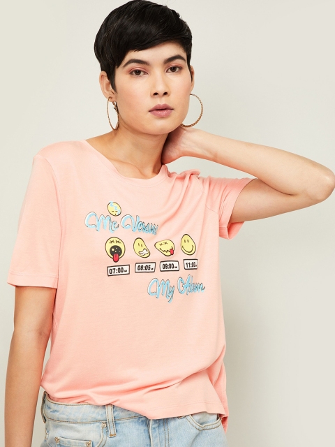 

Smiley World Women Peach-Coloured Printed Round Neck T-shirt