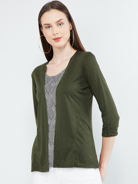 

max Women Green Solid Open Front Regular Shrug