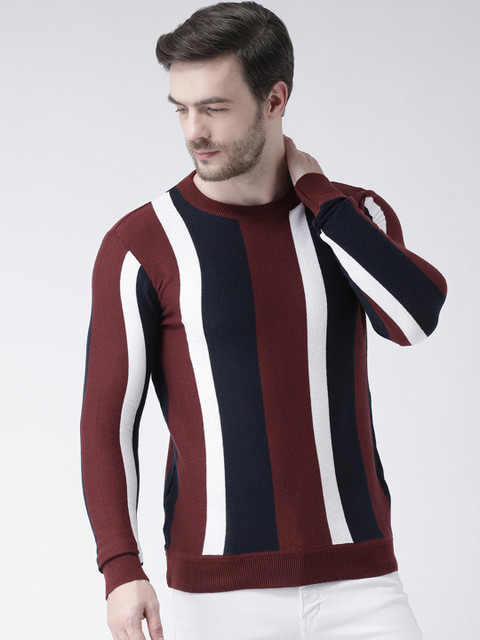 

Club York Men Maroon & White Striped Knitted Woollen Pullover