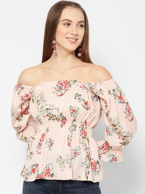 

NIXX Women Peach-Coloured Printed Bardot Top
