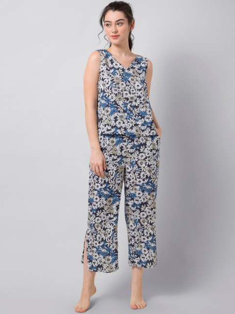 

FabAlley Women Blue & White Floral-Print Night Suit