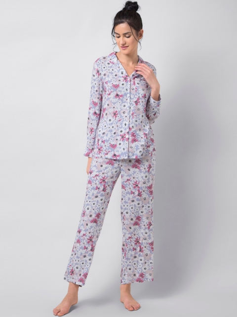 

FabAlley Women Blue & Pink Floral Printed Night suit