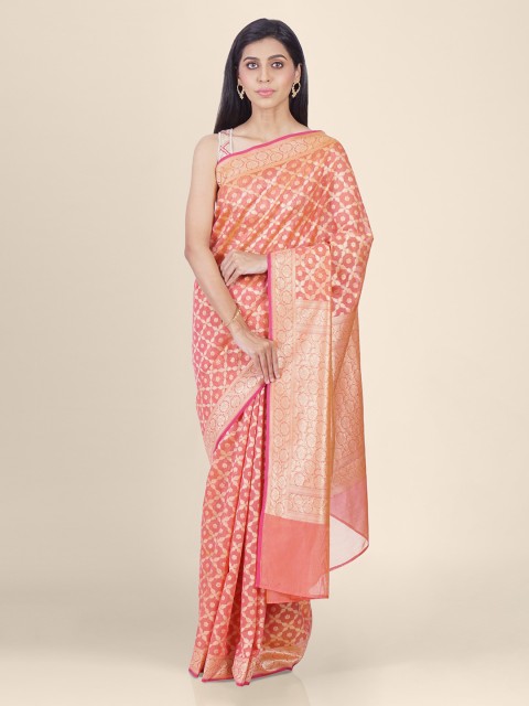 Shruti and Mangaaysh Peach-Coloured Silk Blend Handloom Printed Banarasi Saree