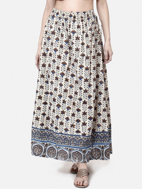

Molcha Women Off White & Brown Printed Ajrak Flared Maxi Pure Cotton Skirt