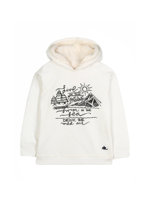 

Cherry Crumble Boys White Printed Hooded Sweatshirt