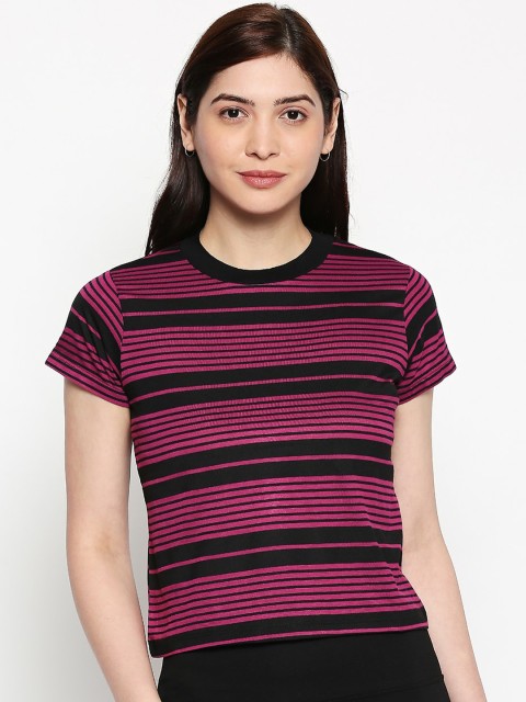 

inocenCia Women Purple & Black Striped Round Neck T-shirt