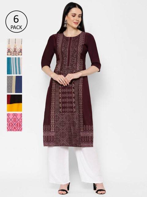 

7Threads Women Pack of 6 Multicoloured Printed Straight Kurtas, Multi