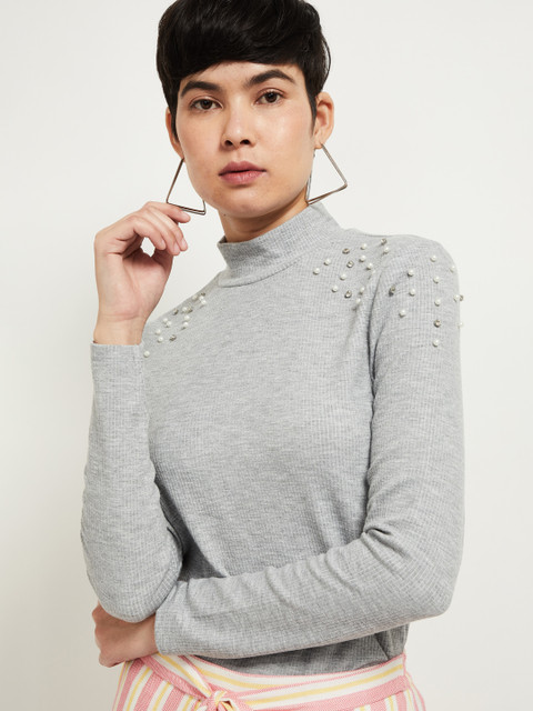 

max Women Grey Melange Solid High Neck T-shirt