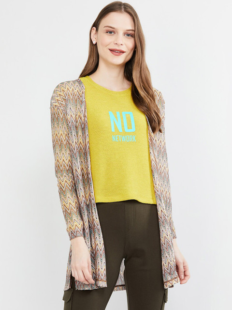 

max Women Brown & Beige Printed Open Front Shrug