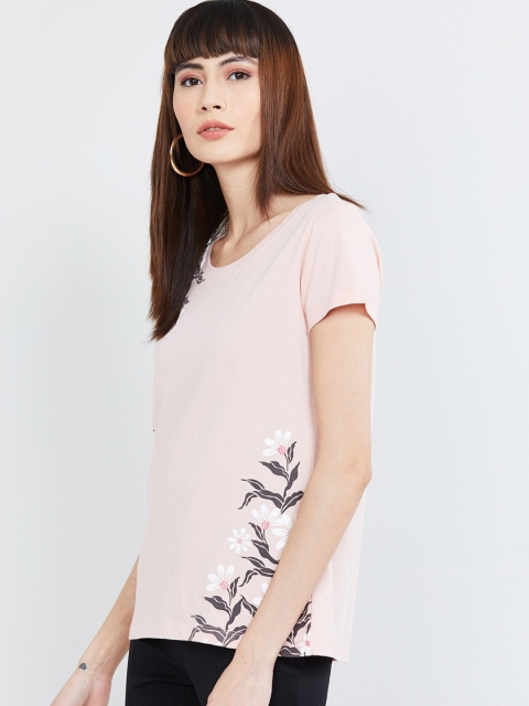 

max Women Pink & Black Floral Printed V-Neck T-shirt