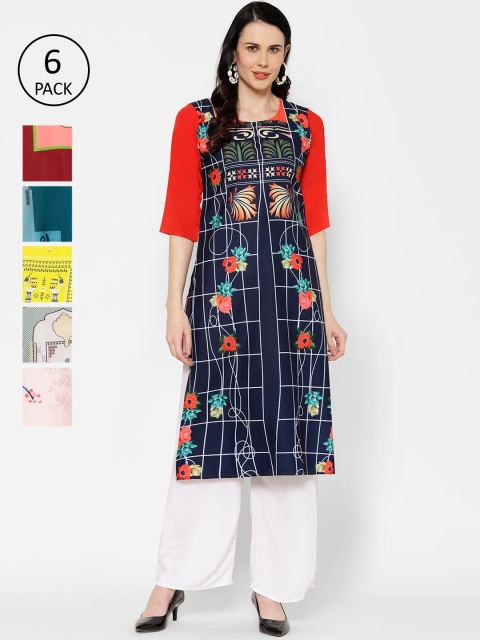 

7Threads Women Pack of 6 Multicoloured Printed Straight Kurtas, Multi