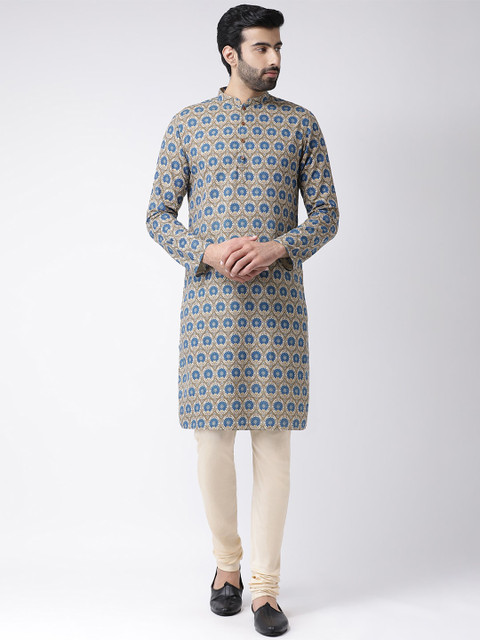

Vartah Men Beige & Blue Printed Kurta with Churidar