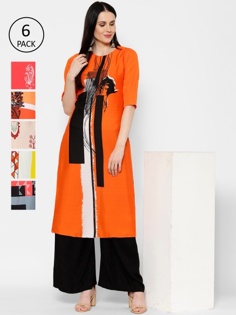 

7Threads Women Set Of 6 Multicoloured Solid Straight Kurta, Multi