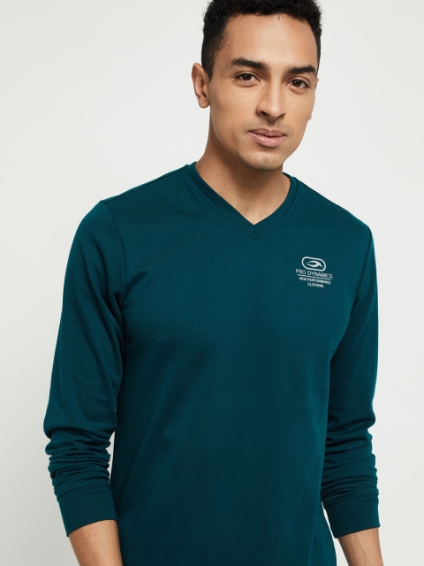 

max Men Teal Green Solid V-Neck T-shirt