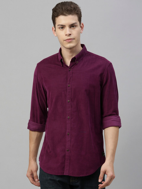

RARE RABBIT Men Purple Tailored Fit Solid Corduroy Casual Shirt