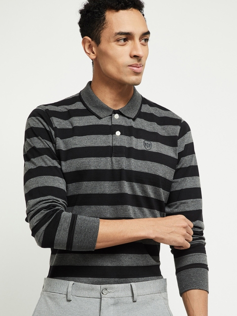 

max Men Grey Striped Polo Collar T-shirt