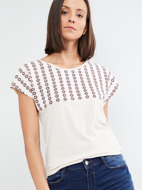 max Women Cream-Coloured & Brown Striped Top