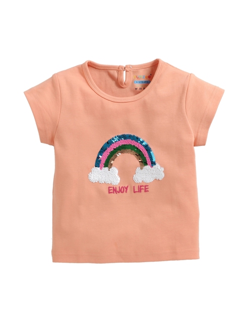 

BUMZEE Girls Peach-Coloured Sequinned Round Neck T-shirt
