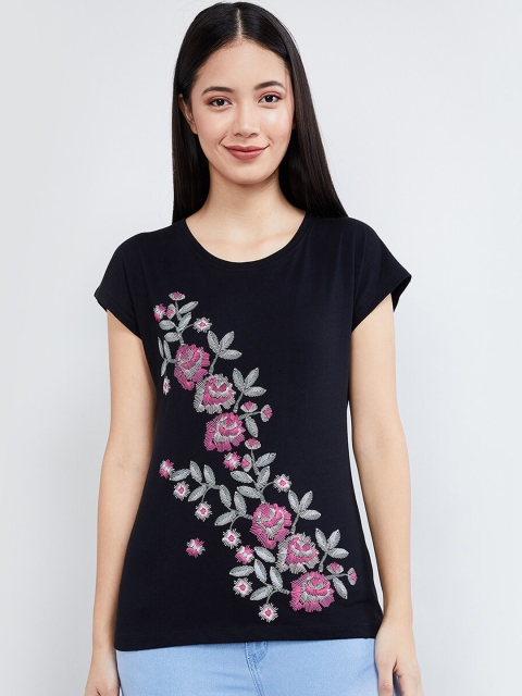 

max Women Black Floral Printed Round Cotton Neck T-shirt