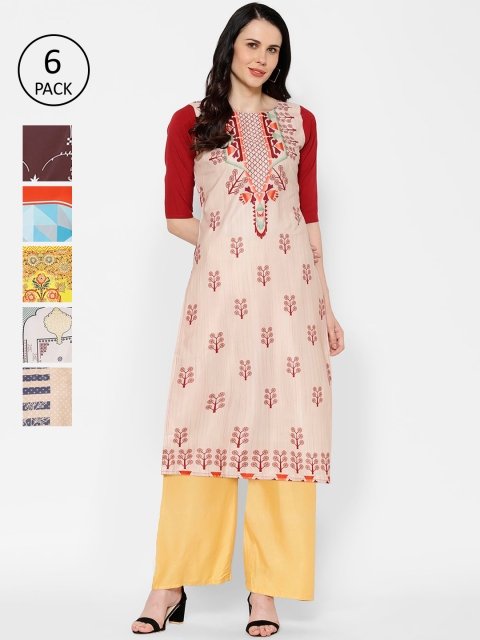 

7Threads Women Pack of 6 Multicoloured Printed Straight Kurtas, Multi