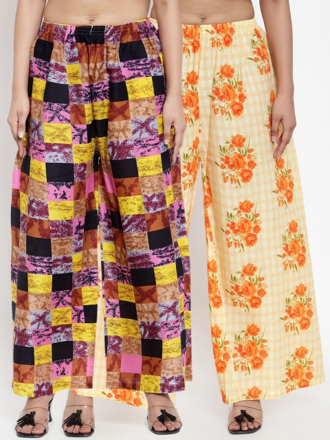 NEUDIS Women Pack of 2 Printed Wide Leg Palazzos, Multi