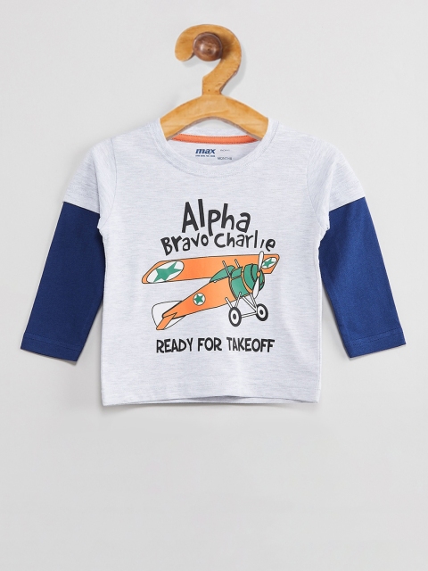 

max Boys Grey Melange Printed Round Neck T-shirt