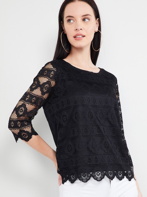 

max Women Black Self Design Lace Trimmed Top