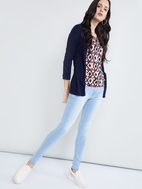 

max Women Navy Blue Solid Open Front Shrug