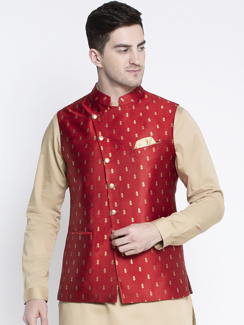 

MAXENCE Men Red& Gold-Coloured Woven Design Pure Cotton Nehru Jacket