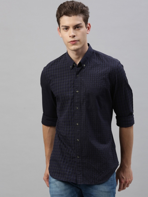 

RARE RABBIT Men Navy Blue & Black Tailored Fit Checked Casual Shirt