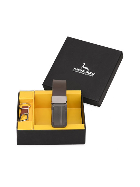 

Pacific Gold Men Brown & Silver-Toned Genuine Leather Belt & Key Chain Accessory Gift Set