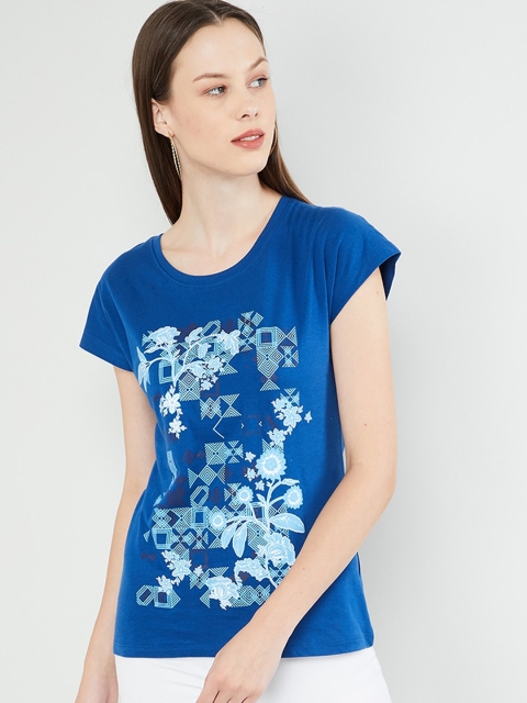 

max Women Blue Printed Round Neck T-shirt