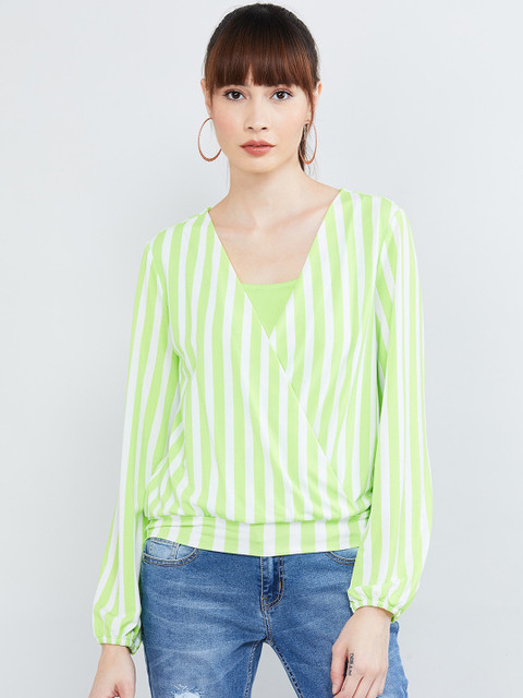 

max Women Green & White Striped Wrap Top