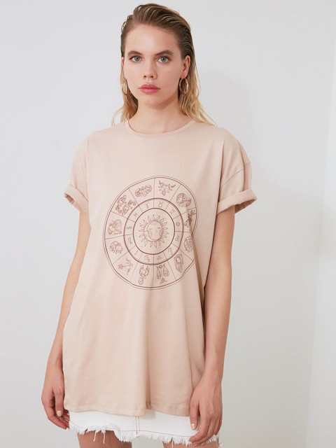 TRENDYOL COLLECTION Women Beige Printed Round Neck T-shirt
