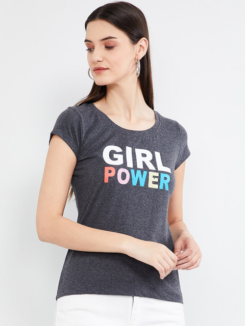

max Women Grey Printed Round Neck T-shirt