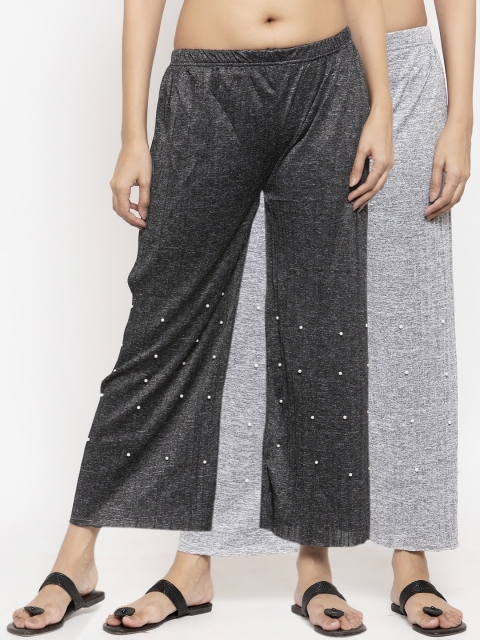 

NEUDIS Women Pack of 2 Pearls Embellished Knitted Straight Fit Palazzos, Black