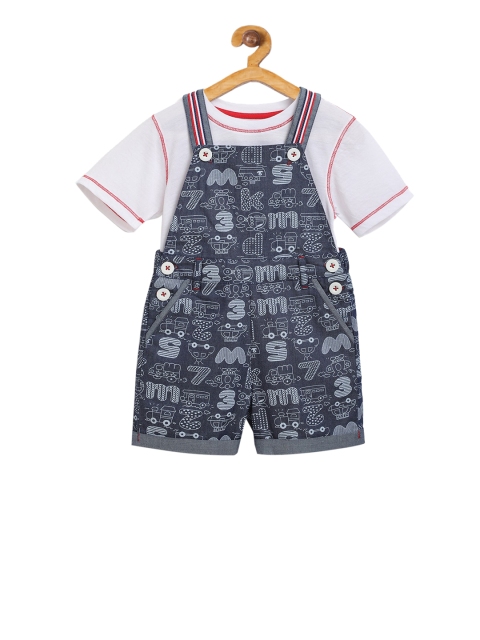 

Nauti Nati Boys Blue Printed Dungarees with White Solid T-Shirt