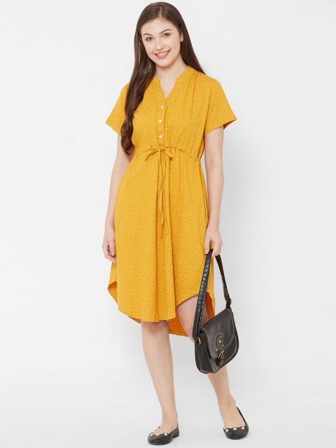 

Mystere Paris Women Yellow & White Polka Dot Print A-Line Dress