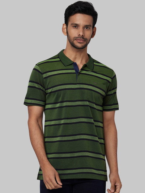 

Park Avenue Men Green Striped Polo Collar T-shirt