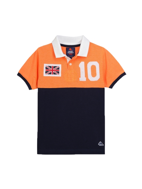 

Cherry Crumble Boys Navy Blue and Orange Colourblocked Polo Collar T-shirt
