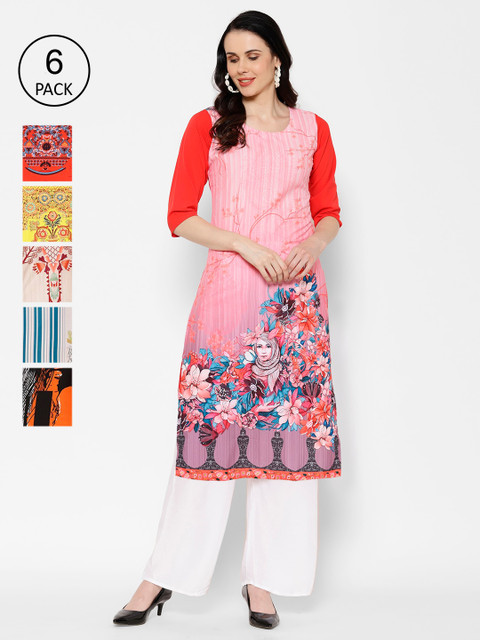 

7Threads Women Set Of 6 Multicoloured Printed A-Line Kurta, Multi