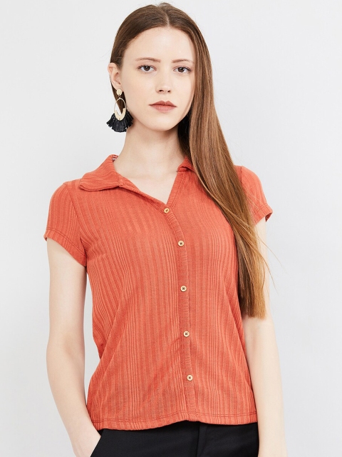 

max Women Rust Brown Self Striped Shirt