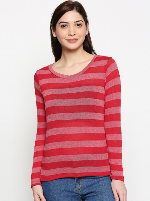 

inocenCia Women Maroon Striped Round Neck T-shirt