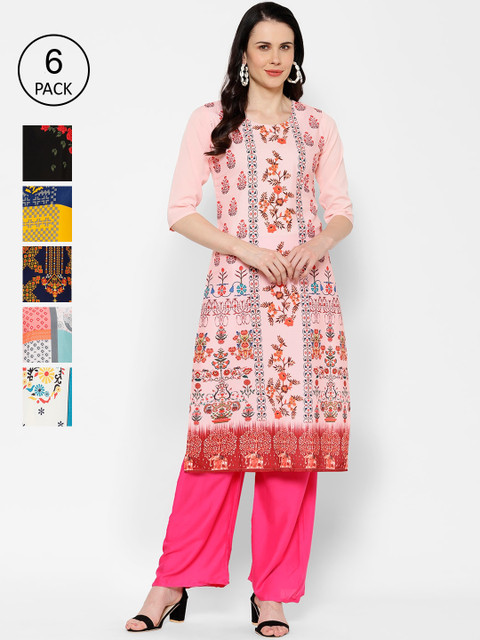 

7Threads Women Pack of 6 Multicoloured Printed Straight Kurtas, Multi