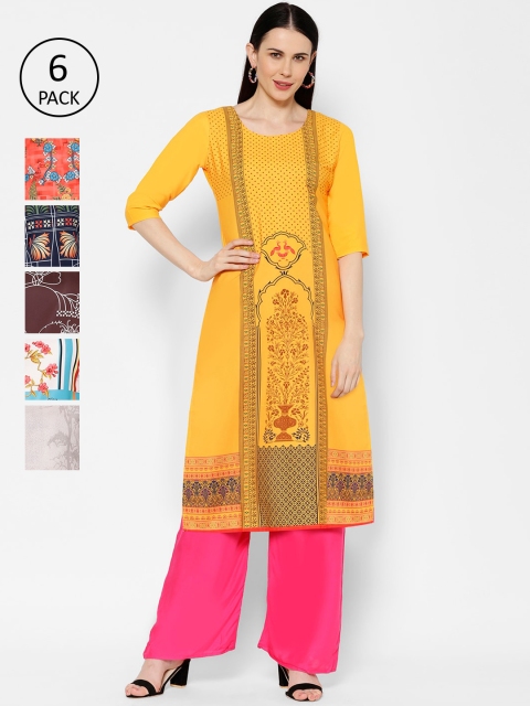 

7Threads Women Pack of 6 Multicoloured Printed Straight Kurtas, Multi