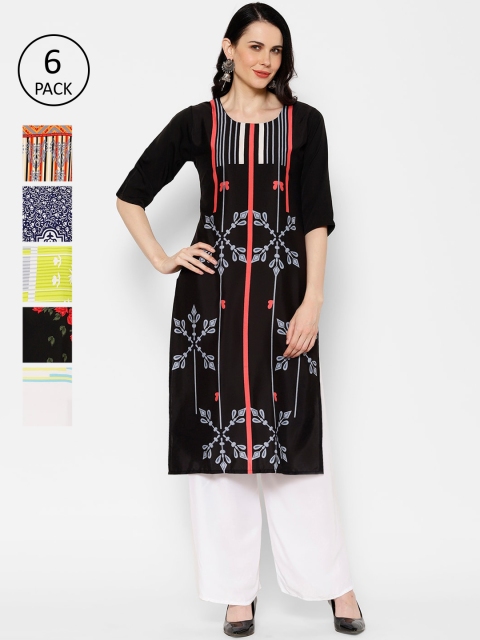 

7Threads Women Pack of 6 Multicoloured Printed Straight Kurtas, Multi
