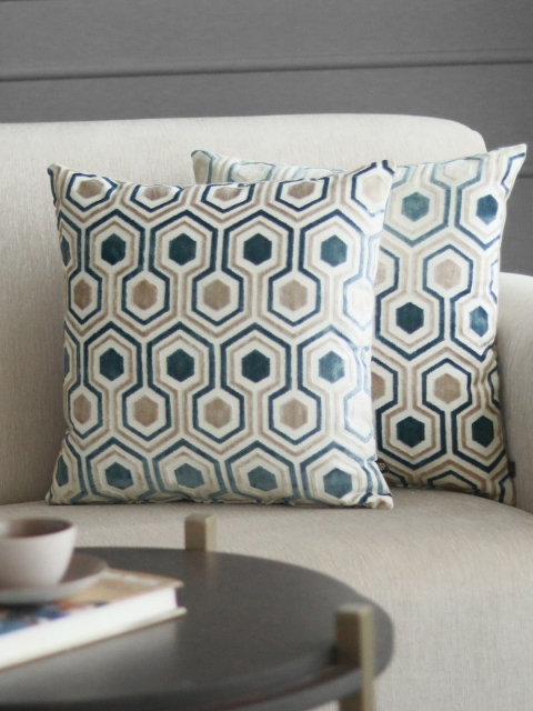 

GM Set Of 2 Blue & Beige Geometric Velvet Square Cushion Covers